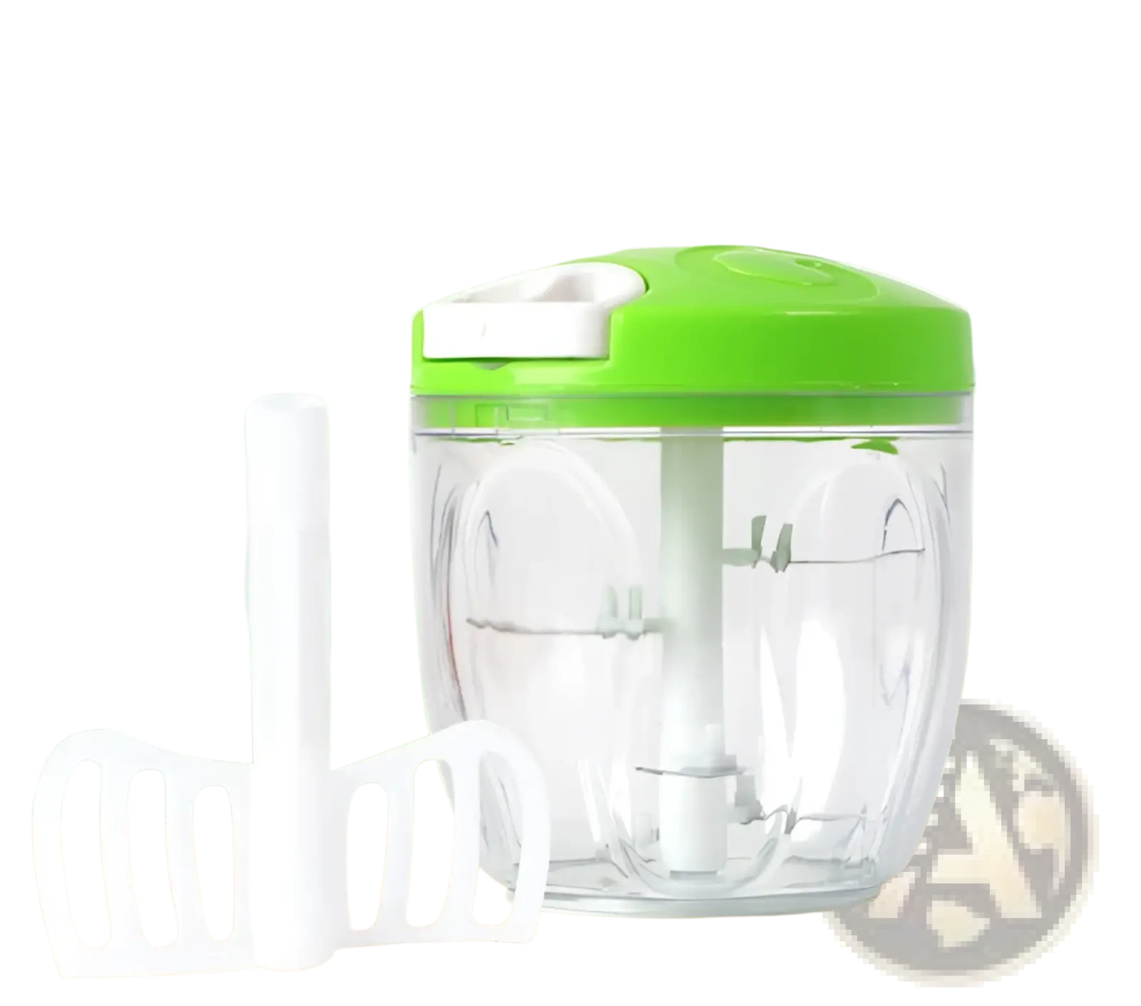 Manual food chopper 900ml with green clear plastic body white handle and blade attachment for vegetable and meat grinding