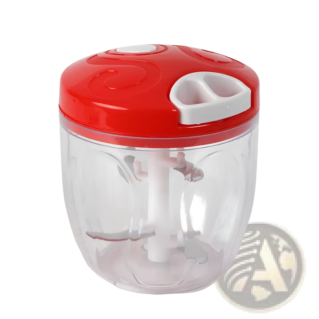 Manual food chopper 900ml with red and white plastic lid and clear body for vegetable and meat grinding