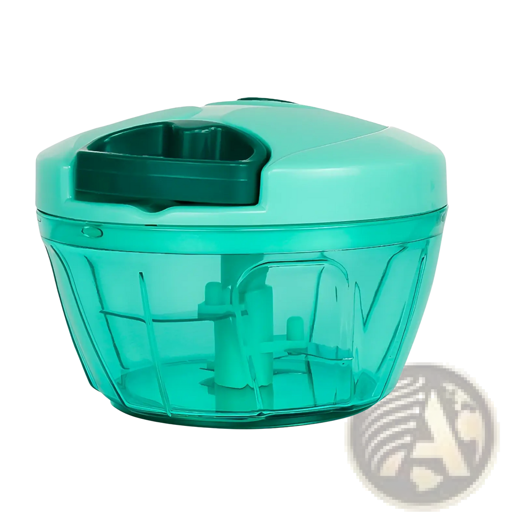 Teal plastic manual food chopper with dark green lid and internal blades for chopping vegetables and meat 900ml capacity