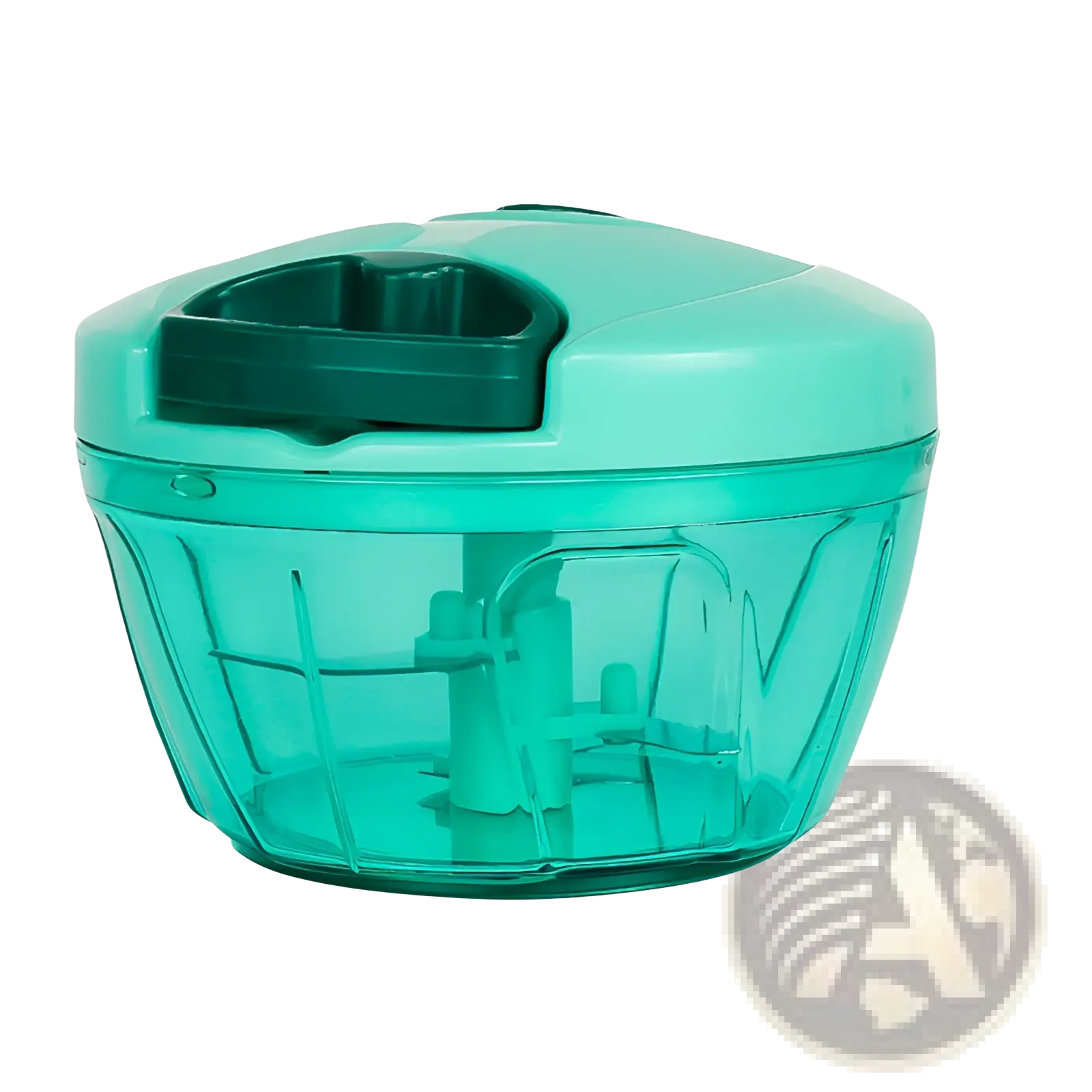 Teal plastic manual food chopper with dark green lid and internal blades for chopping vegetables and meat 900ml capacity