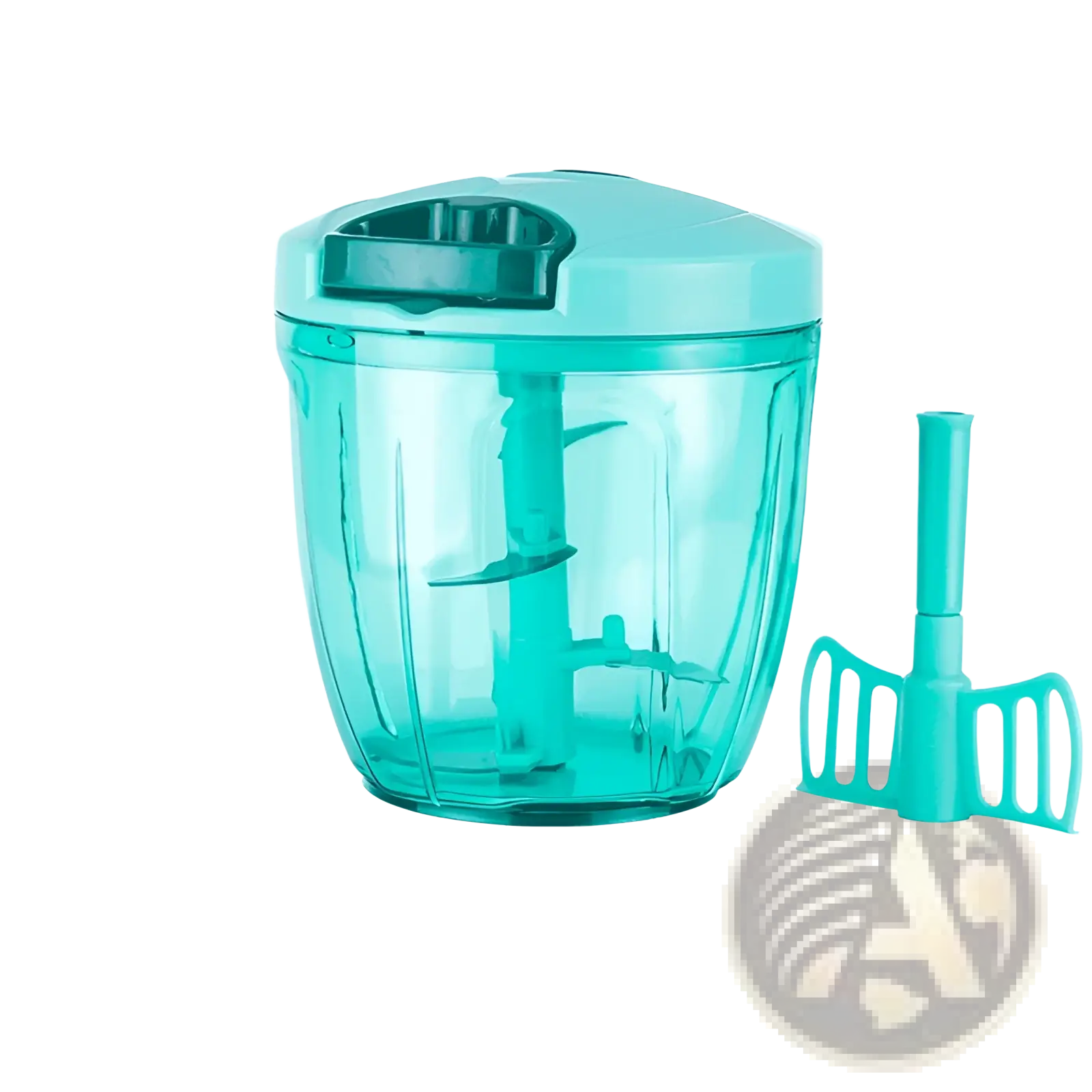 Teal plastic manual food chopper with matching blade attachment for grinding vegetables and meat 900ml capacity