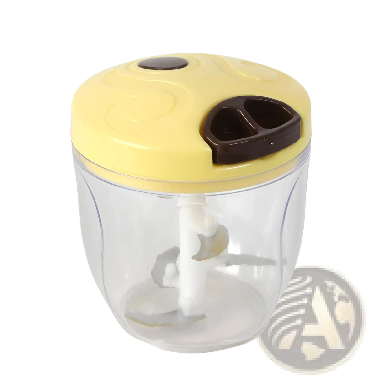 Manual food chopper 900ml with yellow and brown plastic hand crank and clear transparent container for vegetables and meat