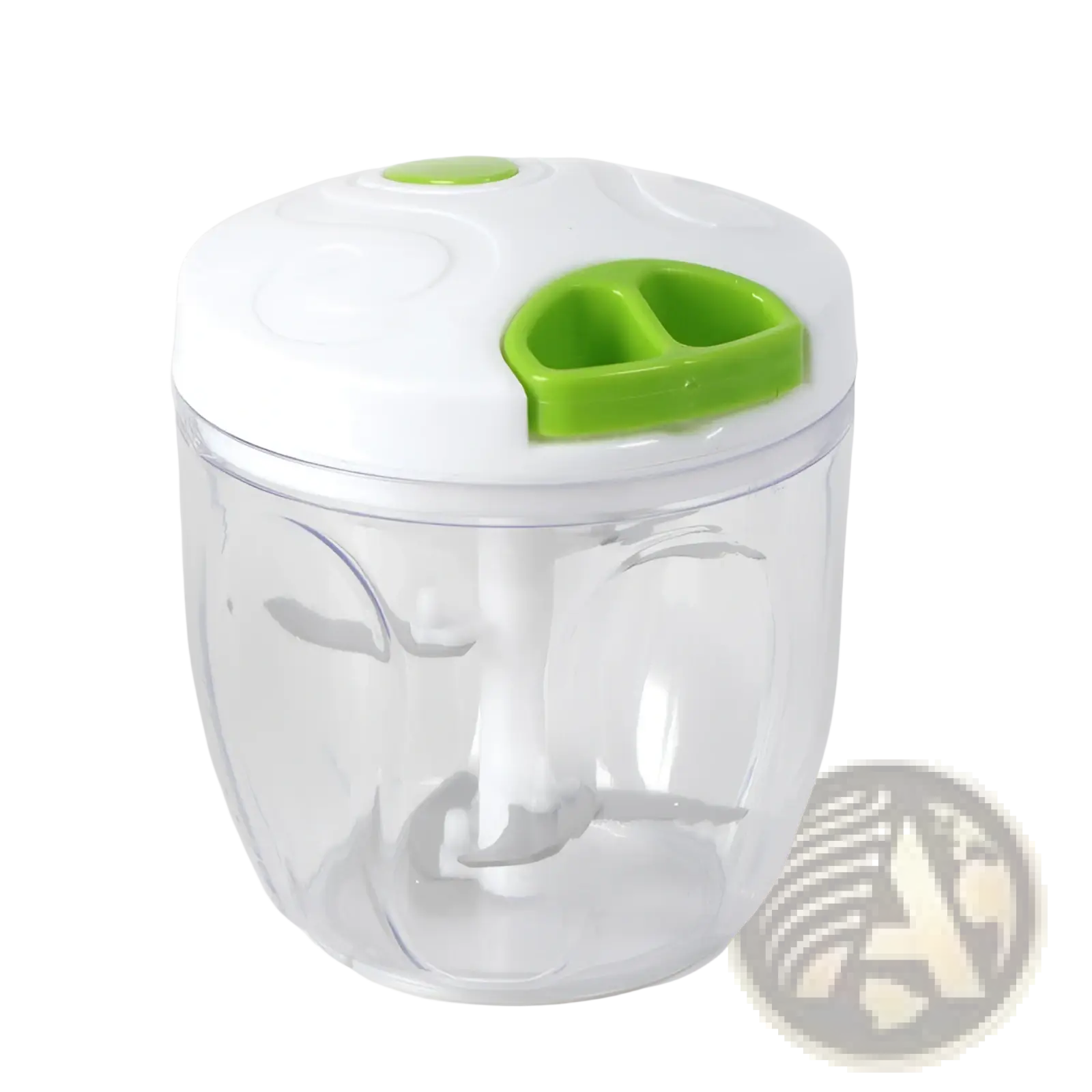 Manual food chopper 900ml clear plastic hand-cranked vegetable and meat grinder with white lid and green handle