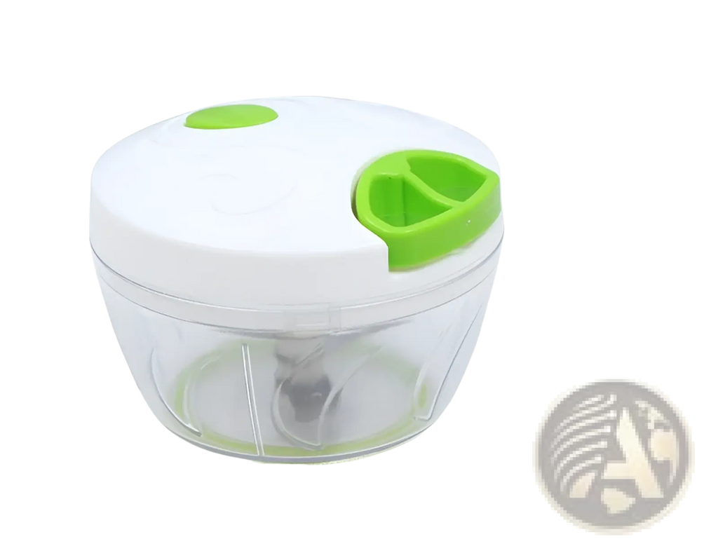 Manual food chopper 900ml with white and lime green handheld design and clear plastic bowl for vegetable and meat grinding