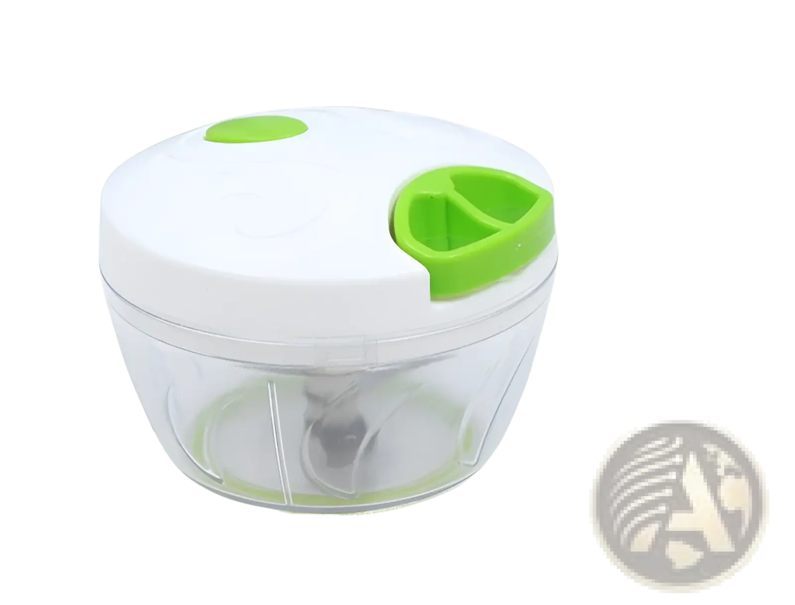 Manual food chopper 900ml with white and lime green handheld design and clear plastic bowl for vegetable and meat grinding