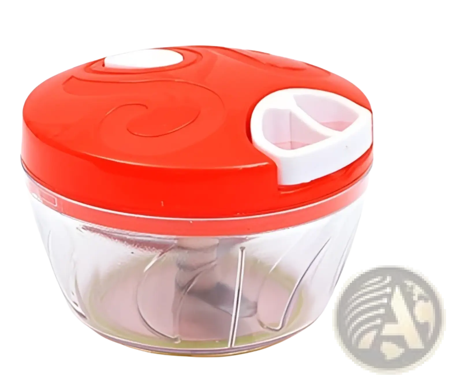 Manual food chopper with red and white plastic hand crank and clear glass bowl 900ml for vegetables and meat grinding