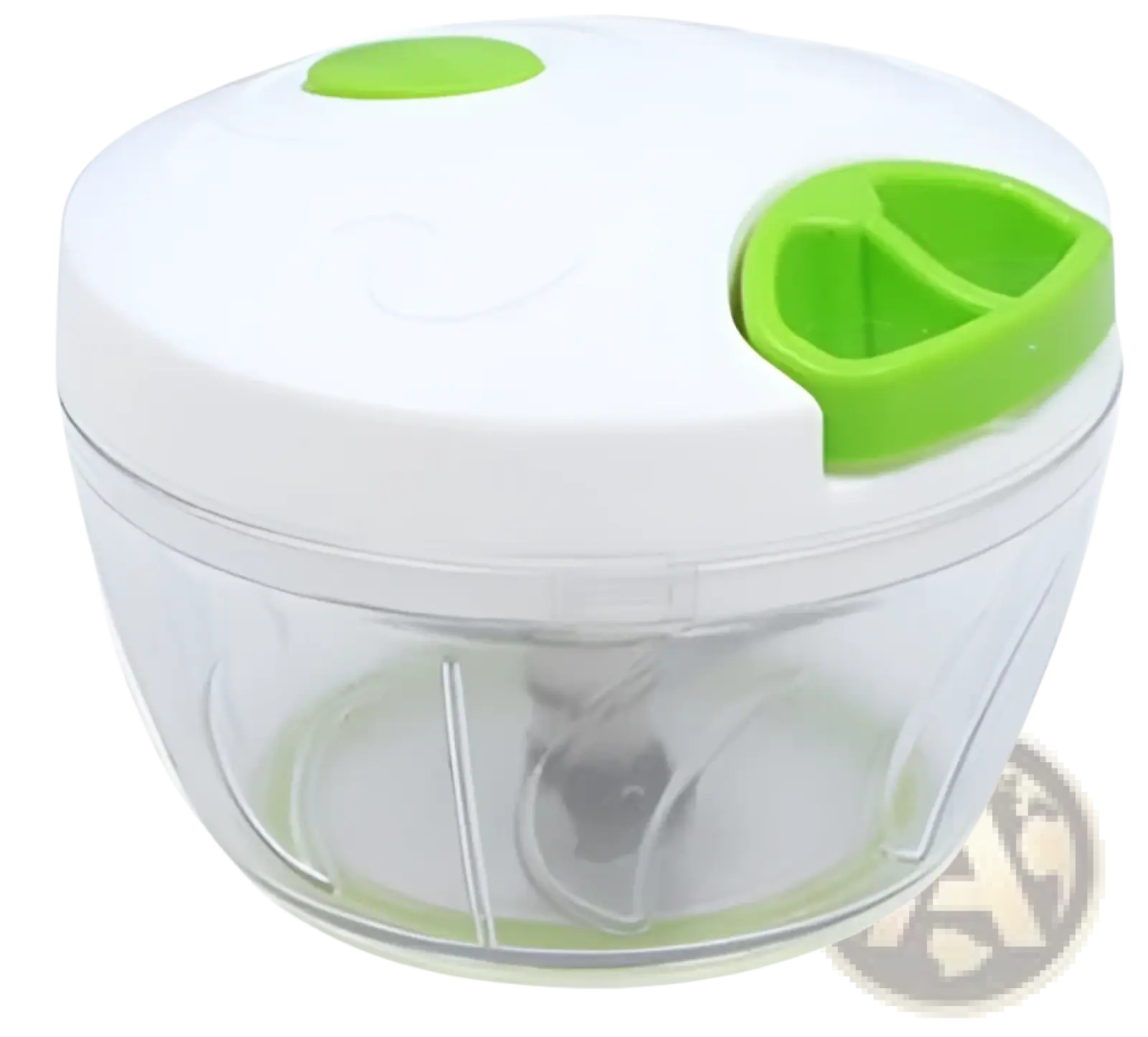 Manual food chopper 900ml vegetable meat grinder with white and lime green handle, clear bowl, and stainless steel blades