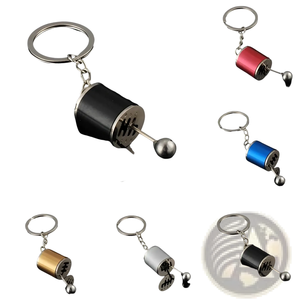 Black and silver manual gear shift car keychain with metallic finish made of metal for automotive use