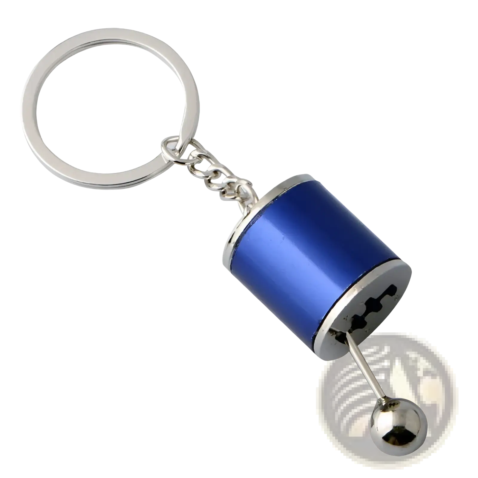 Blue metallic manual gear shift car keychain with silver accents and spherical ball made of metal