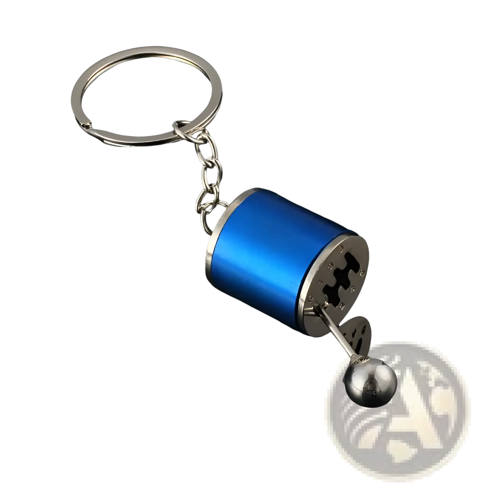 Blue metallic manual gear shift car keychain metal with silver accents and a ball shaped knob for car keys