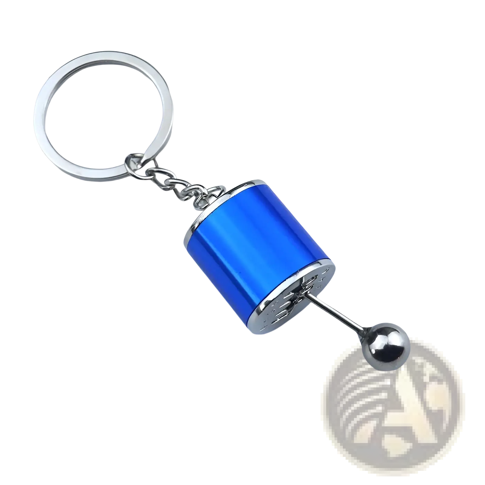 Blue and silver manual gear shift car keychain with metallic finish made of metal for automotive enthusiasts