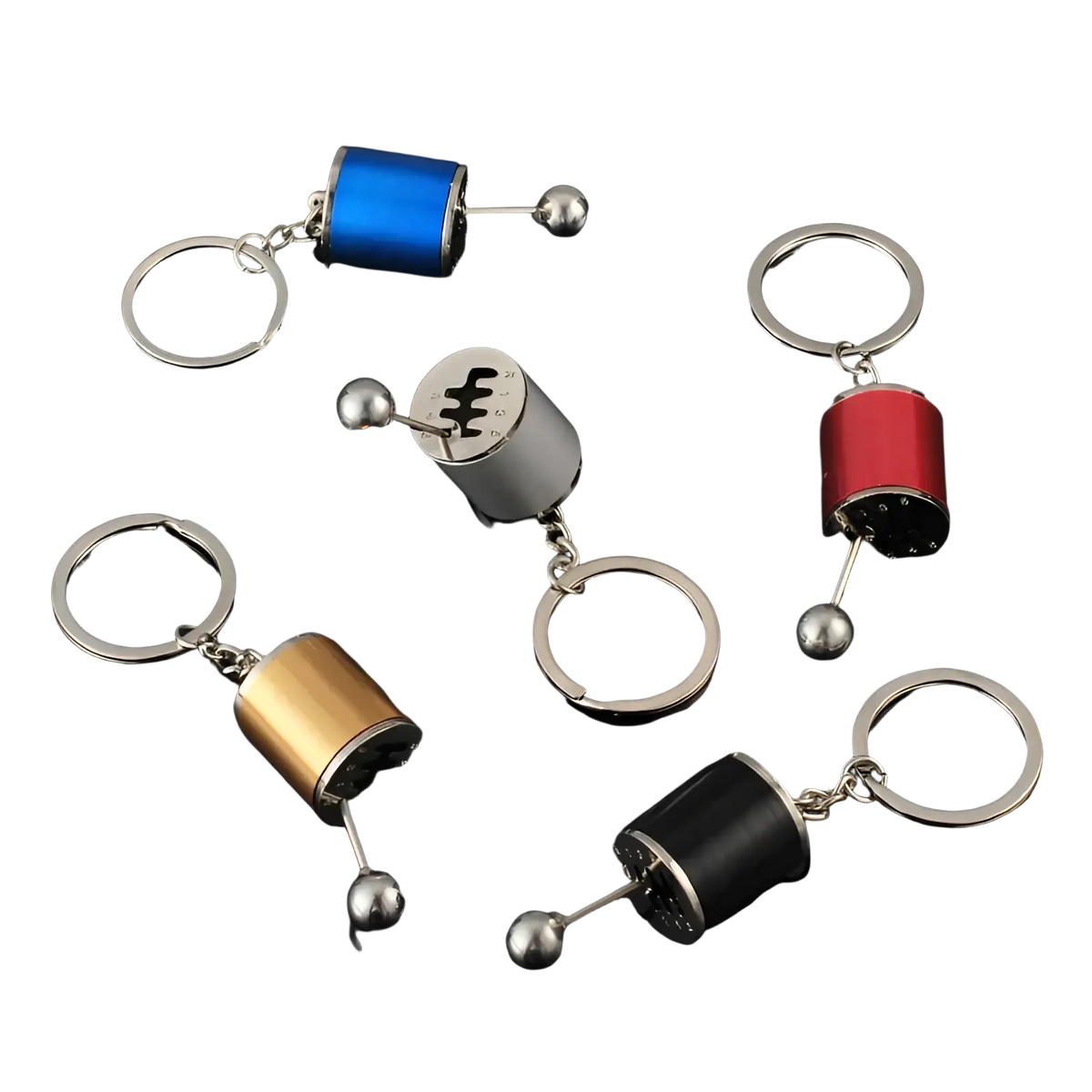 Manual gear shift car keychains in blue silver and gold metal with chrome plated spherical tips for automotive use