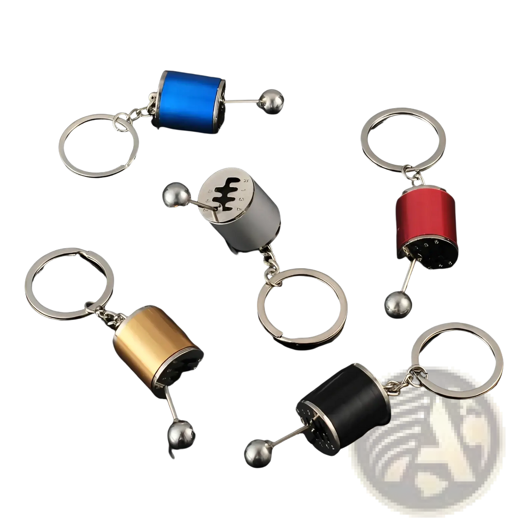 Manual gear shift car keychains in blue silver and gold metal with chrome plated spherical tips for automotive use