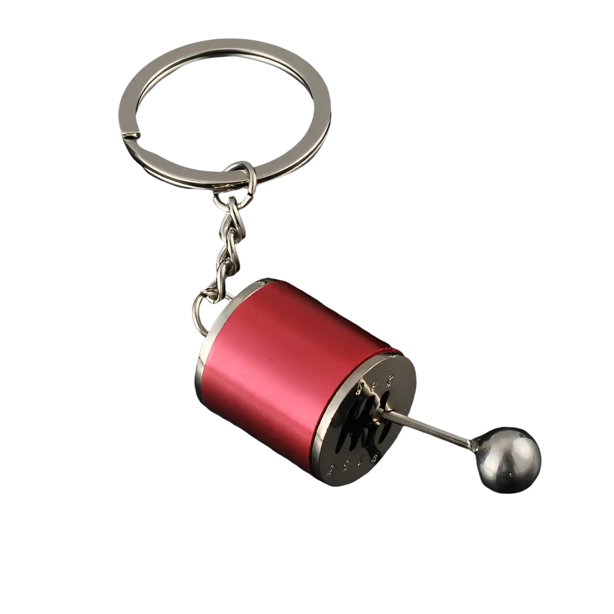 Manual gear shift car keychain in red and silver metal with a metallic ball end for automotive use