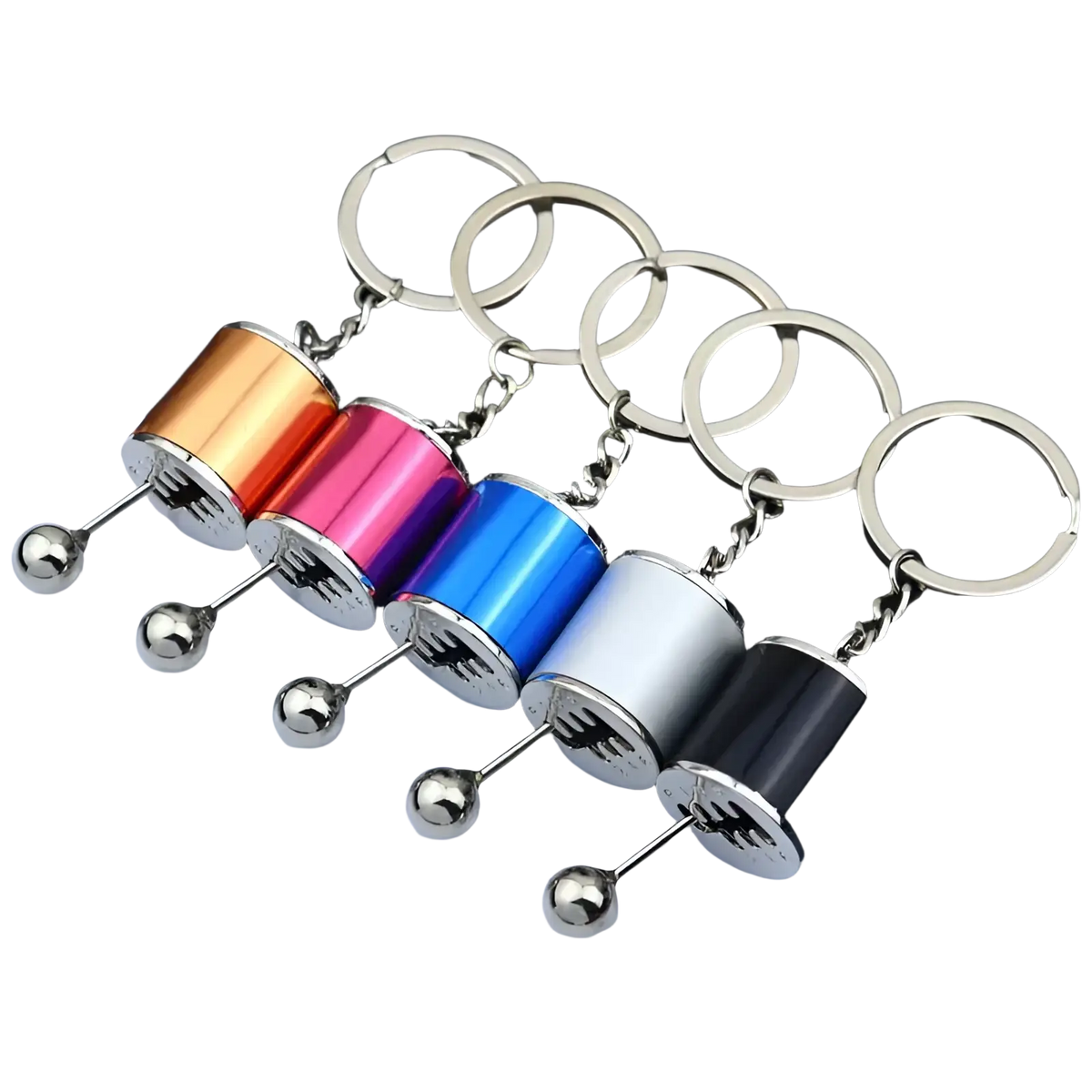 A set of five colorful metallic manual gear shift car keychains with silver spherical ends and chrome chains