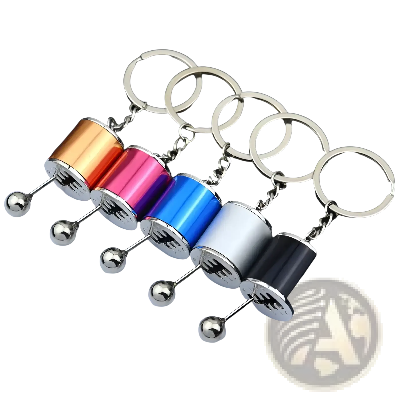 A set of five colorful metallic manual gear shift car keychains with silver spherical ends and chrome chains