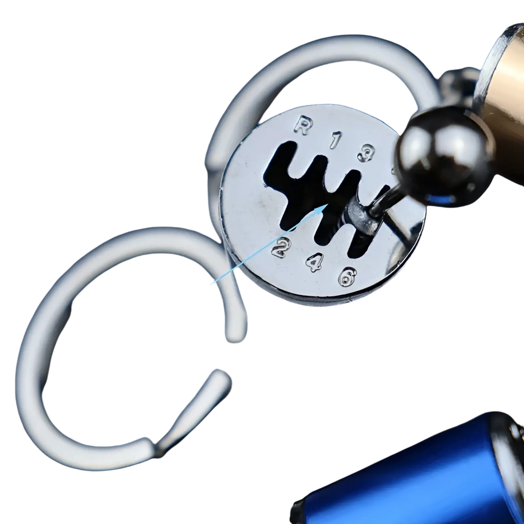 Shiny silver metal manual gear shift car keychain with engraved r 1 2 3 4 and 6 markings