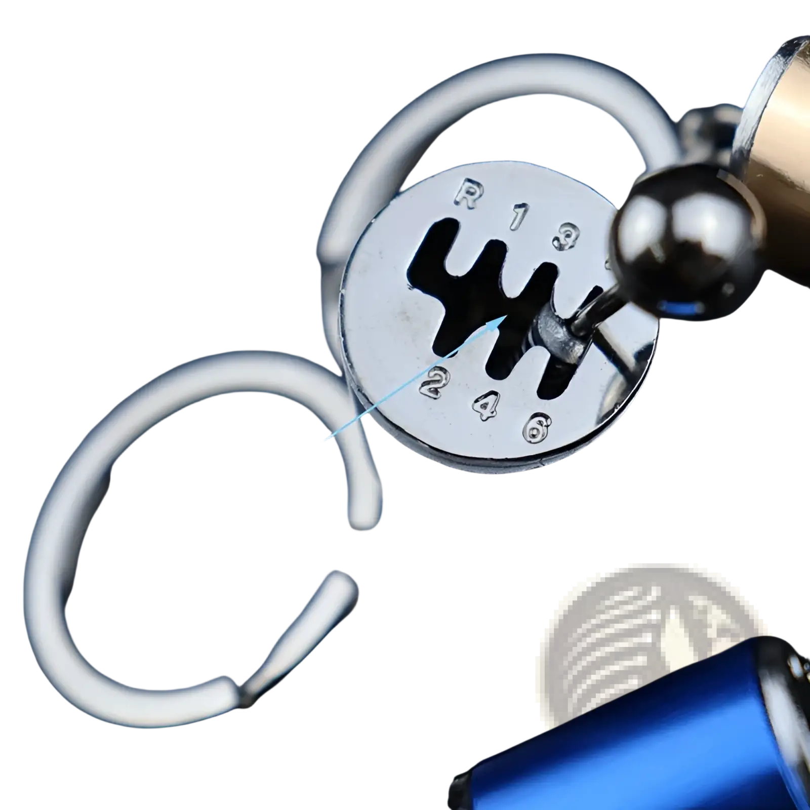 Shiny silver metal manual gear shift car keychain with engraved r 1 2 3 4 and 6 markings