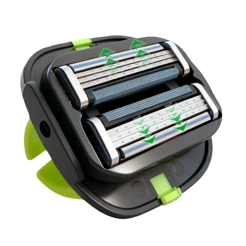 Black and lime green manual grooming tool electric razor with three silver blades and blue textured strips for head and body shave