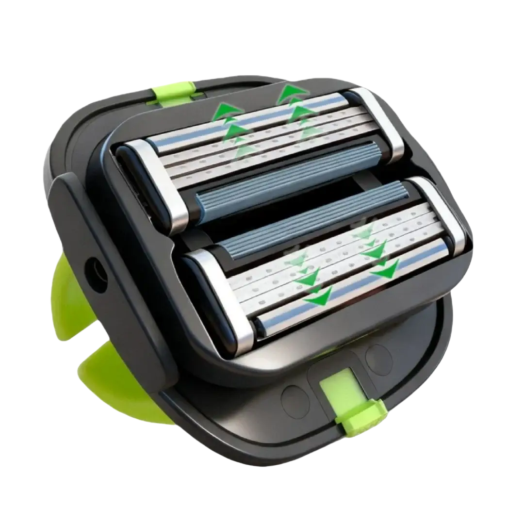 Black and lime green manual grooming tool electric razor with three silver blades and blue textured strips for head and body shave