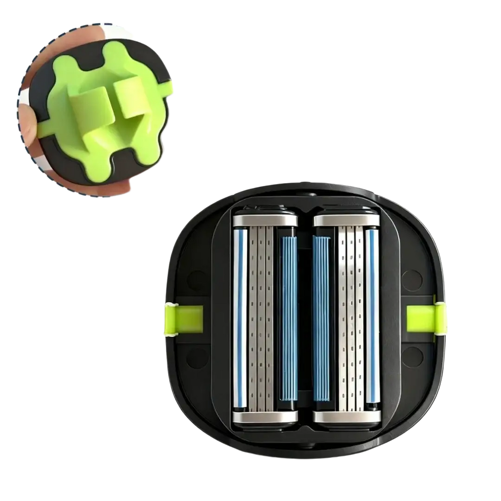 Black and lime green manual grooming tool with two rows of blue and silver blades for head and body shave