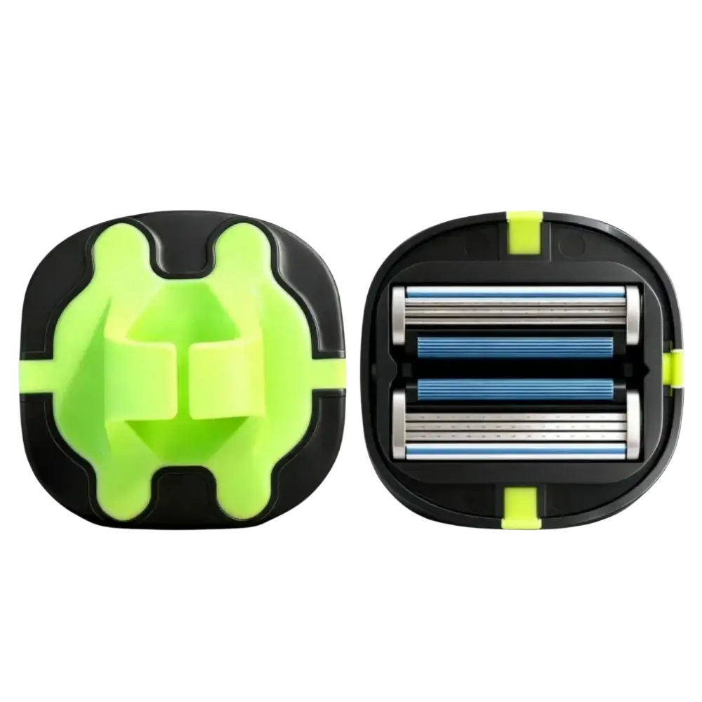 Black and neon green manual grooming tool with three blue blades designed for head and body shave