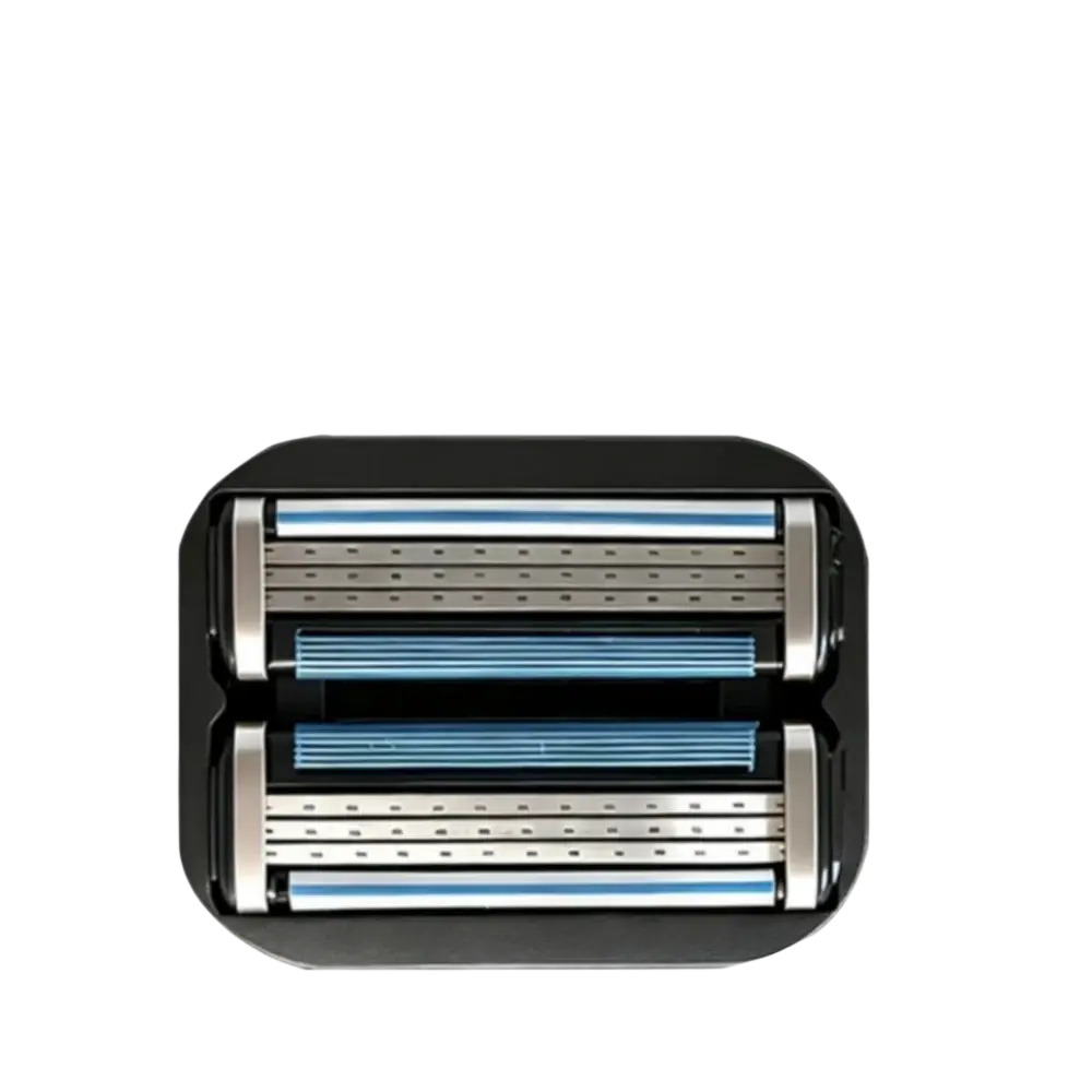 Black rectangular manual grooming tool razor blade head with three silver blades and blue protective strips for shaving