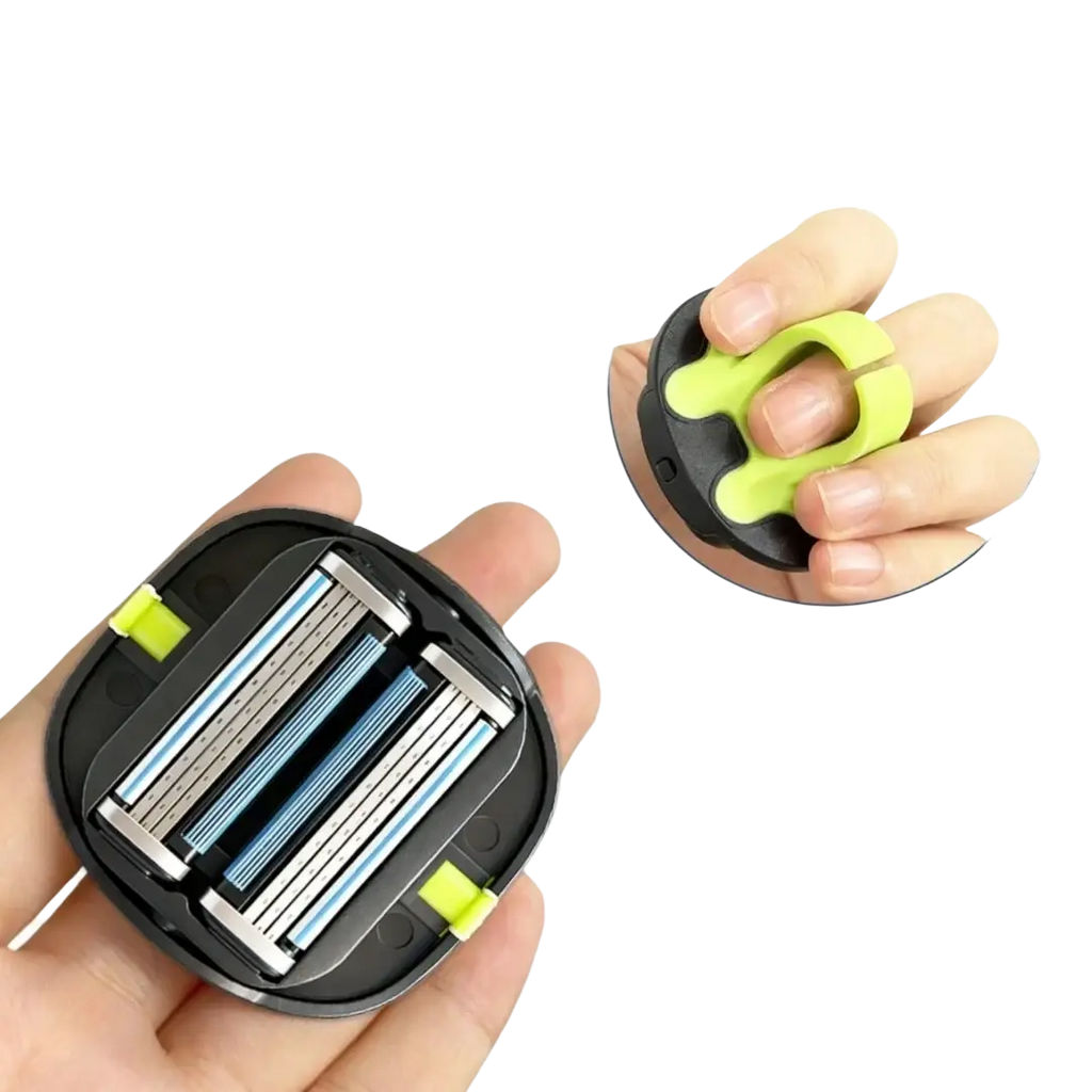 Compact manual grooming tool for head and body shave with black neon green handle and three razor blades in metallic housing