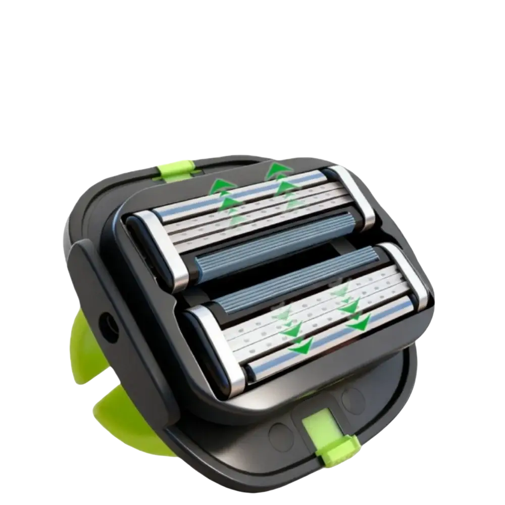 Green head shaver grooming tool with sleek black and lime green design and three precision razor blades for smooth shave
