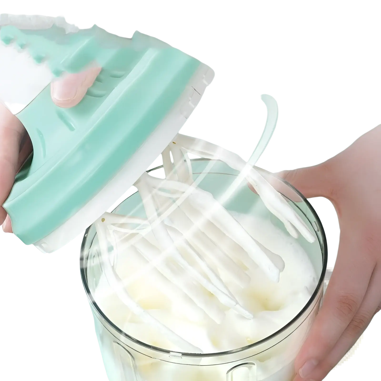 A mint green and white handheld electric mixer with ergonomic design whipping cream in a glass bowl for food mixing