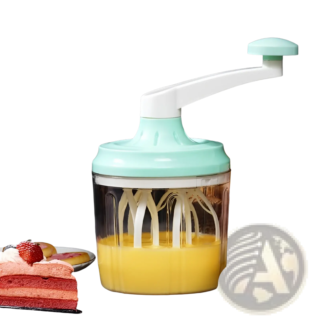 Manual hand crank egg whisk and 1200ml food mixer in mint green and white with clear bowl and twisting handle filled with yellow liquid