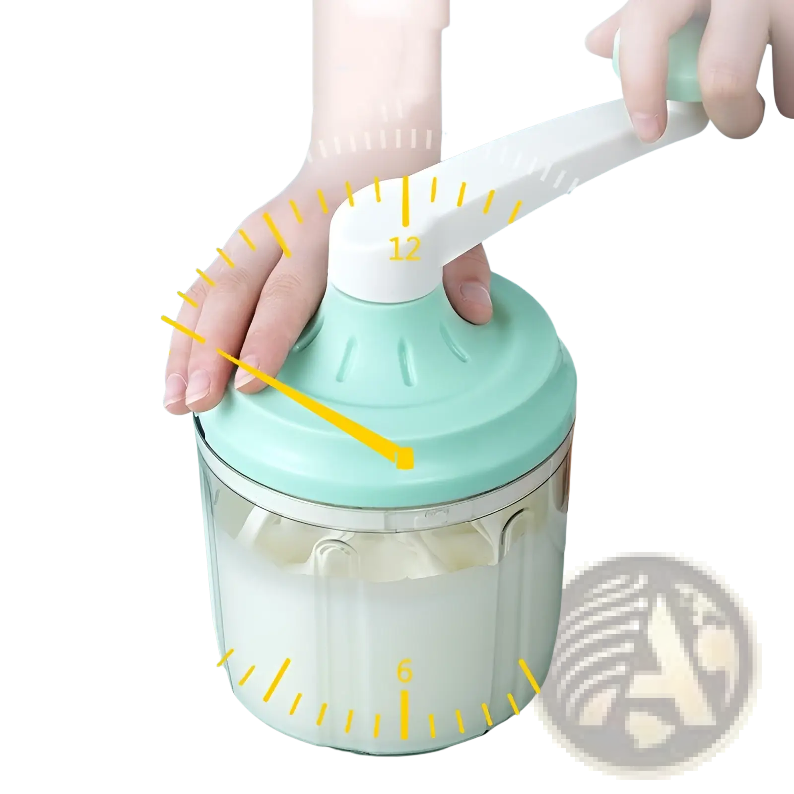 Manual hand crank egg whisk and 1200ml food mixer in mint green and white plastic with a clear container