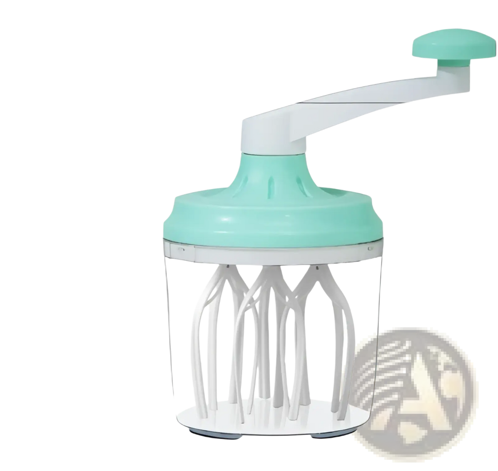 A mint green and white manual hand crank egg whisk with clear plastic 1200ml food mixer and multiple whisk attachments