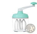 A mint green and white manual hand crank egg whisk with clear plastic 1200ml food mixer and multiple whisk attachments