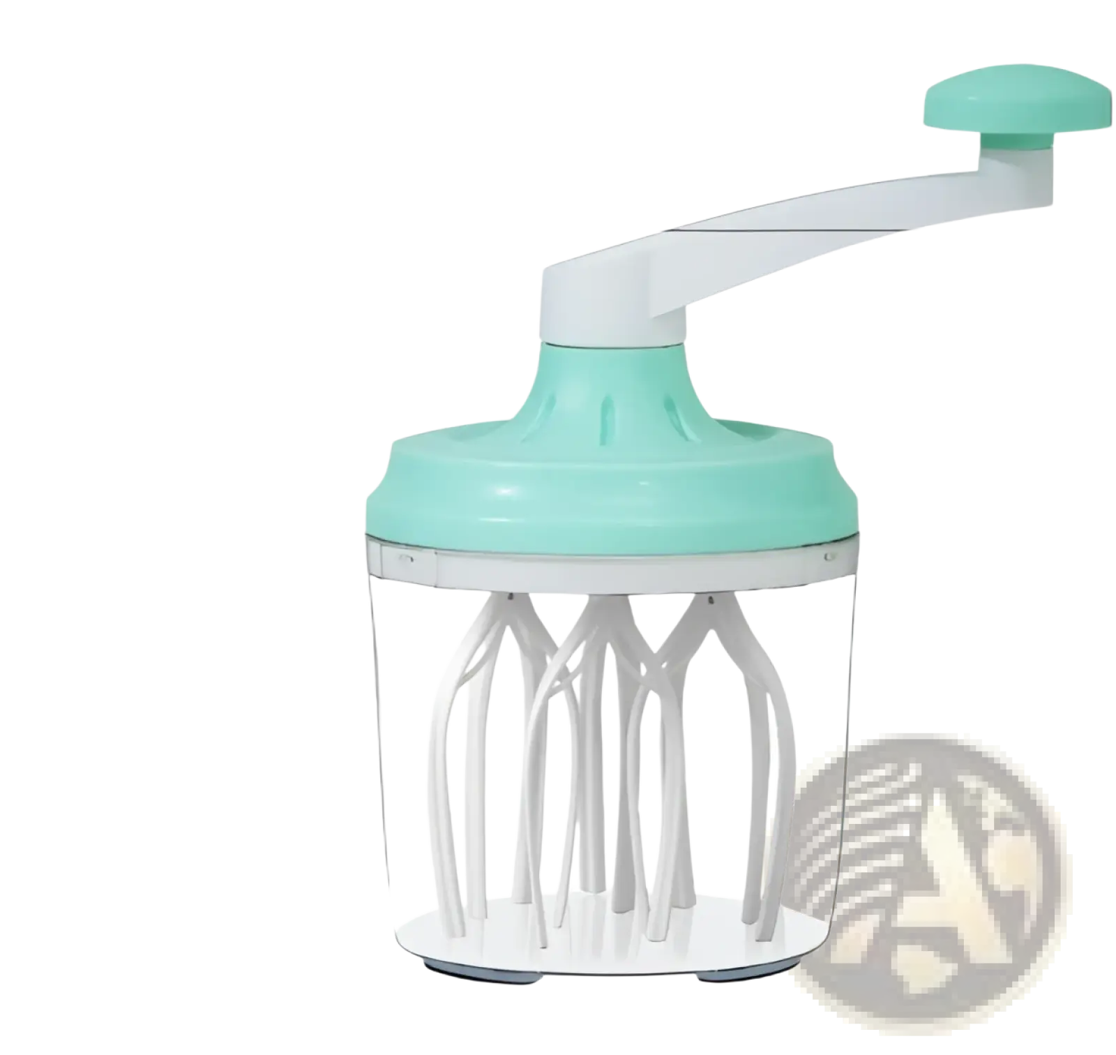A mint green and white manual hand crank egg whisk with clear plastic 1200ml food mixer and multiple whisk attachments