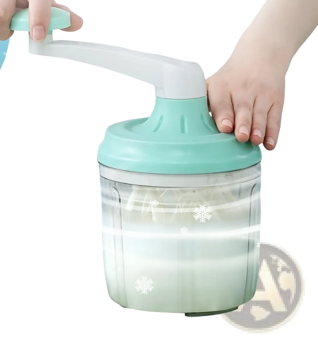 Manual hand crank egg whisk and 1200ml food mixer in mint green transparent plastic blending ingredients with white handle