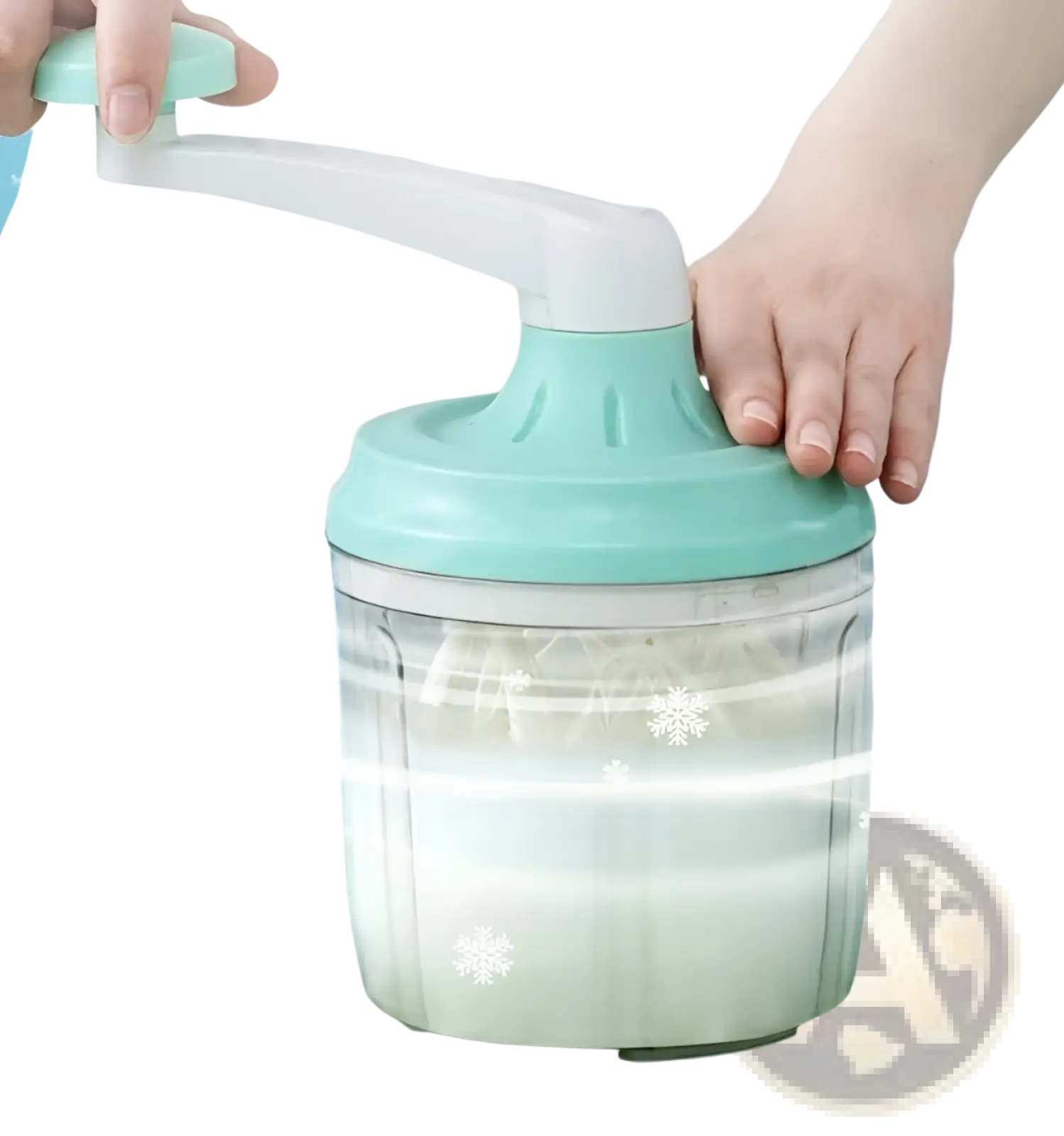 Manual hand crank egg whisk and 1200ml food mixer in mint green transparent plastic blending ingredients with white handle