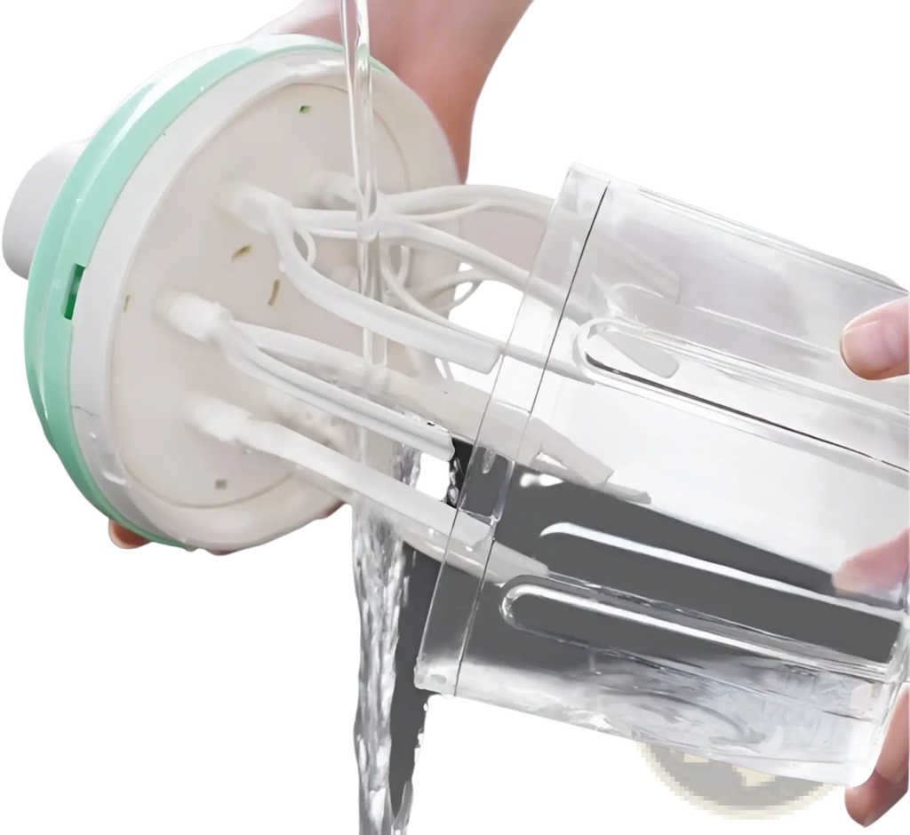 A clear plastic blender jar with a mint green and white base in a manual hand crank egg whisk and 1200ml food mixer