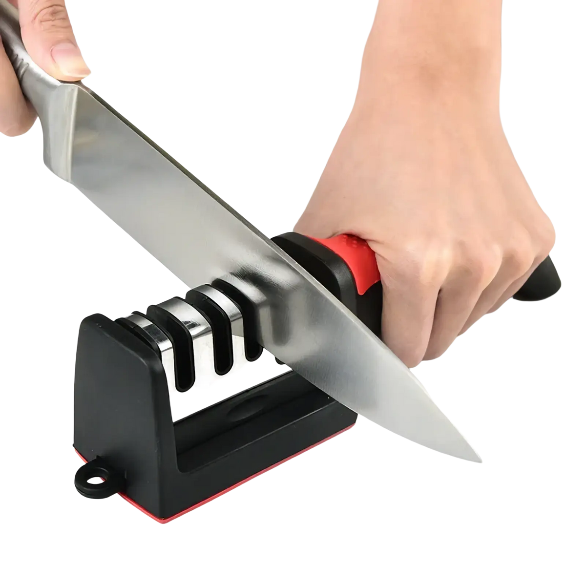 Black and red manual knife sharpener with three stainless steel sharpening slots handheld multifunctional tool