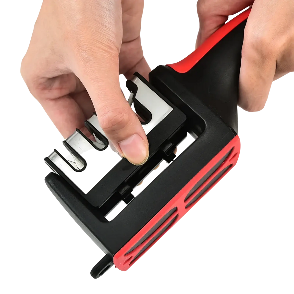 Manual knife sharpener handheld tool in black and red with textured grip and multiple slots for blade angles