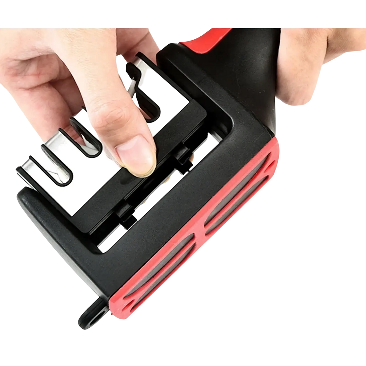 Black and red manual knife sharpener with detachable white ceramic sharpening surface handheld multi functional tool