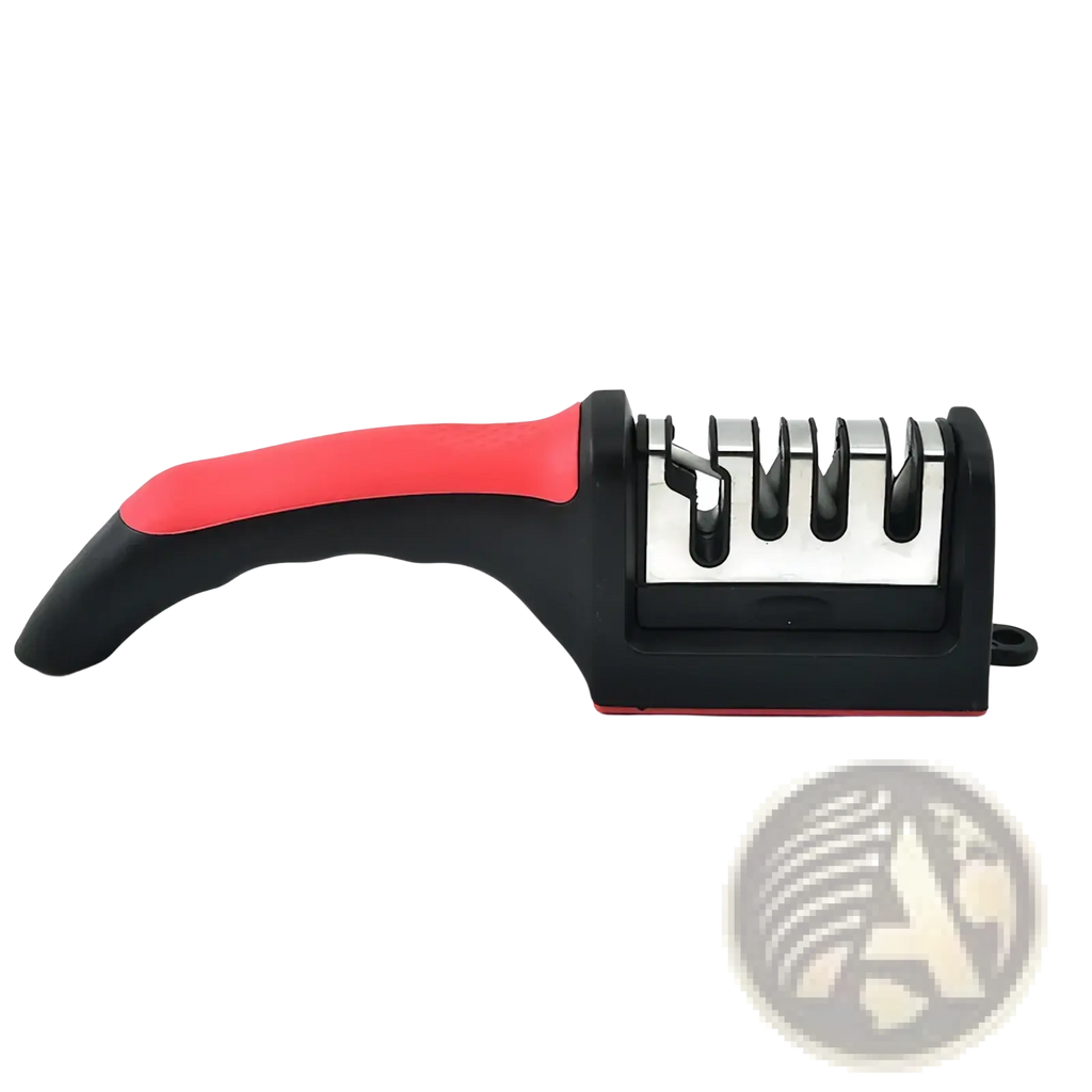 Red and black manual knife sharpener with textured grip handheld multifunctional tool for easy sharpening tasks
