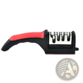 Red and black manual knife sharpener with textured grip handheld multifunctional tool for easy sharpening tasks