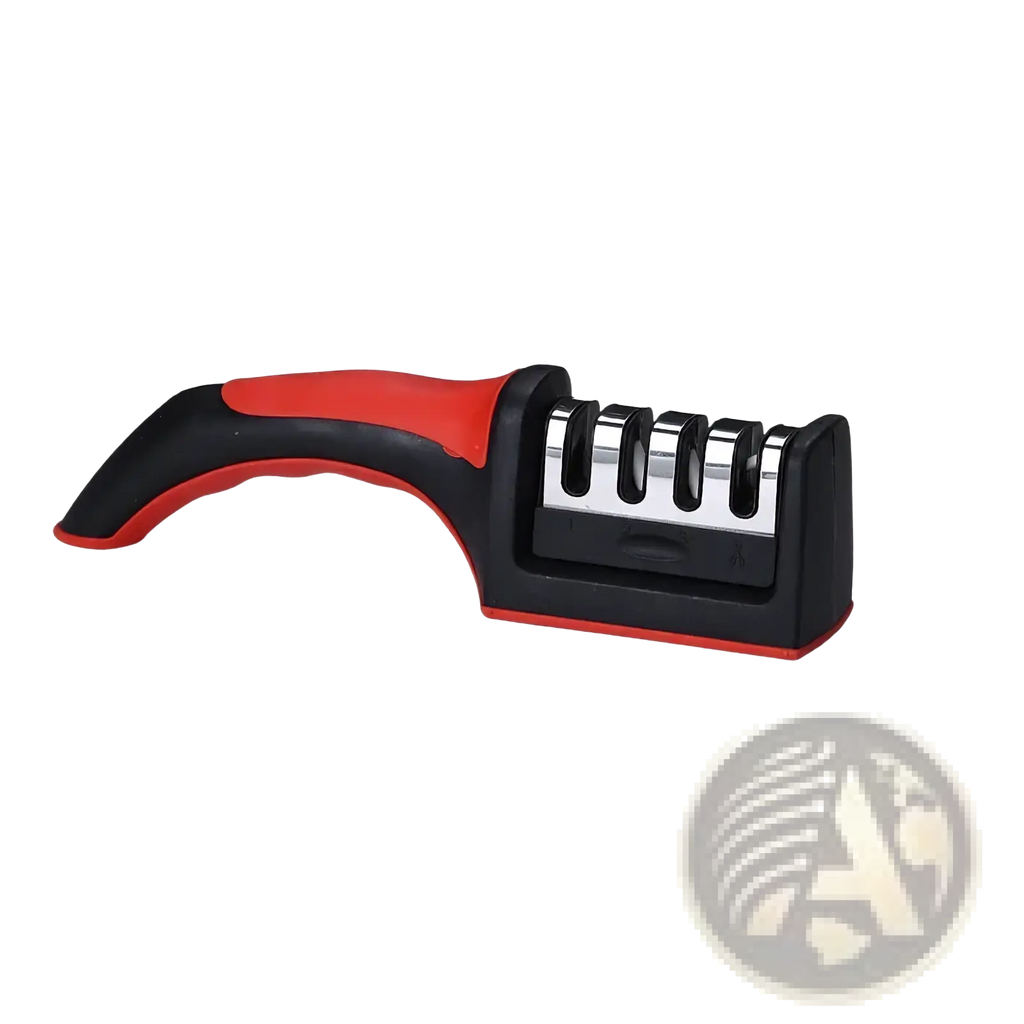 Red and black manual knife sharpener with four stainless steel segments handheld multifunctional tool