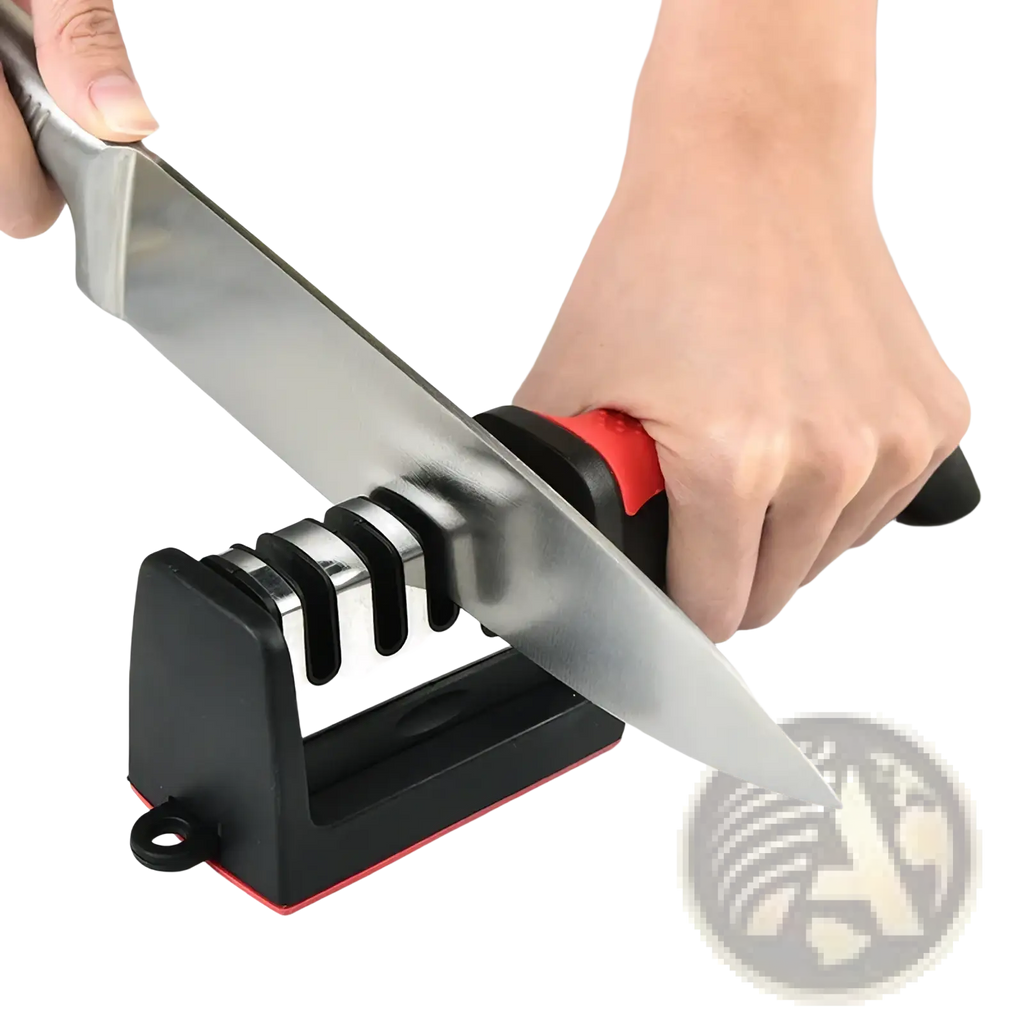 Black and red manual knife sharpener with three stainless steel sharpening slots handheld multifunctional tool