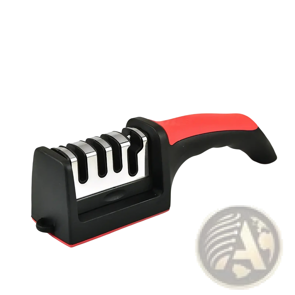Manual knife sharpener multifunctional handheld tool in red and black with three stainless steel sharpening slots