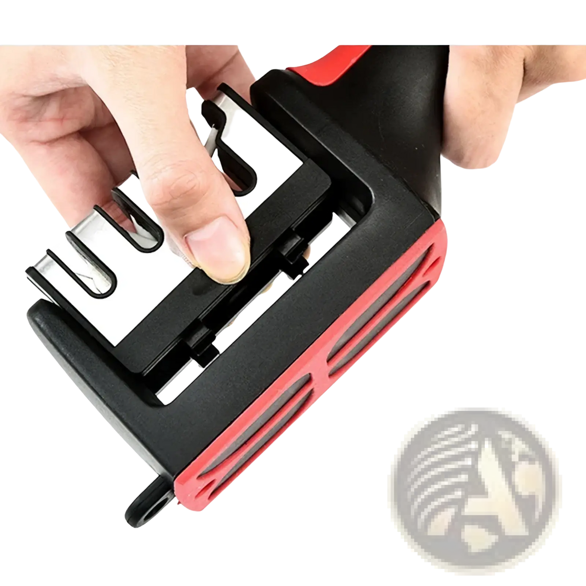 Black and red manual knife sharpener with detachable white ceramic sharpening surface handheld multi functional tool