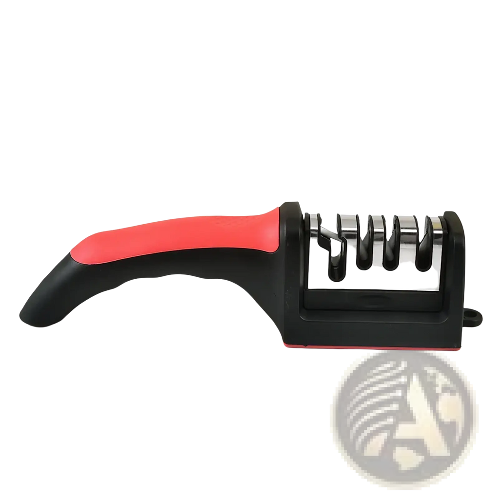 Red and black manual knife sharpener handheld tool with textured grip handle for multifunctional use