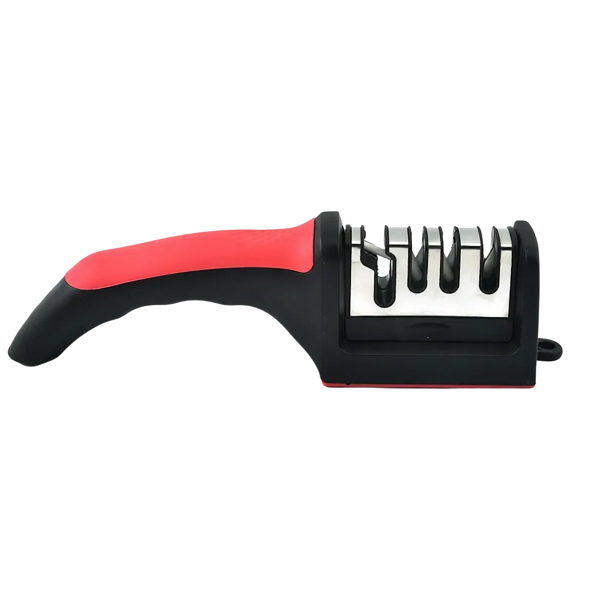 Red and black manual knife sharpener with textured grip handheld multifunctional tool for easy sharpening tasks