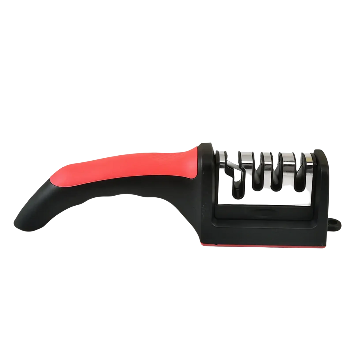 Red and black manual knife sharpener handheld tool with textured grip handle for multifunctional use